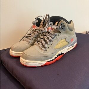 Jordan Gray and Red Sneakers with Shark Tooth Design